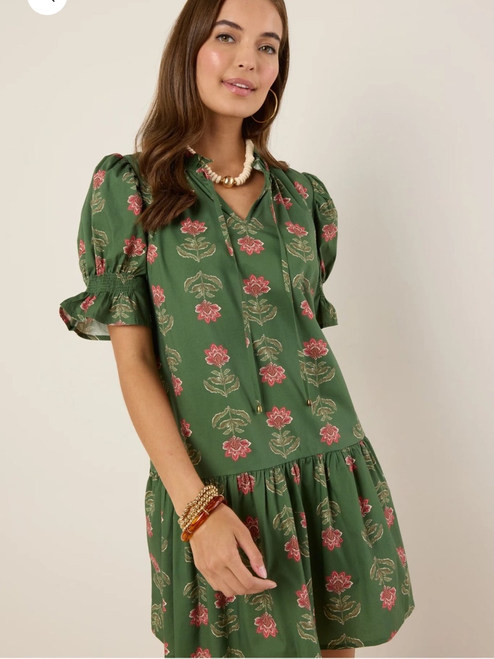 Avara Green Floral Tie-Neck Puff Sleeve Dress